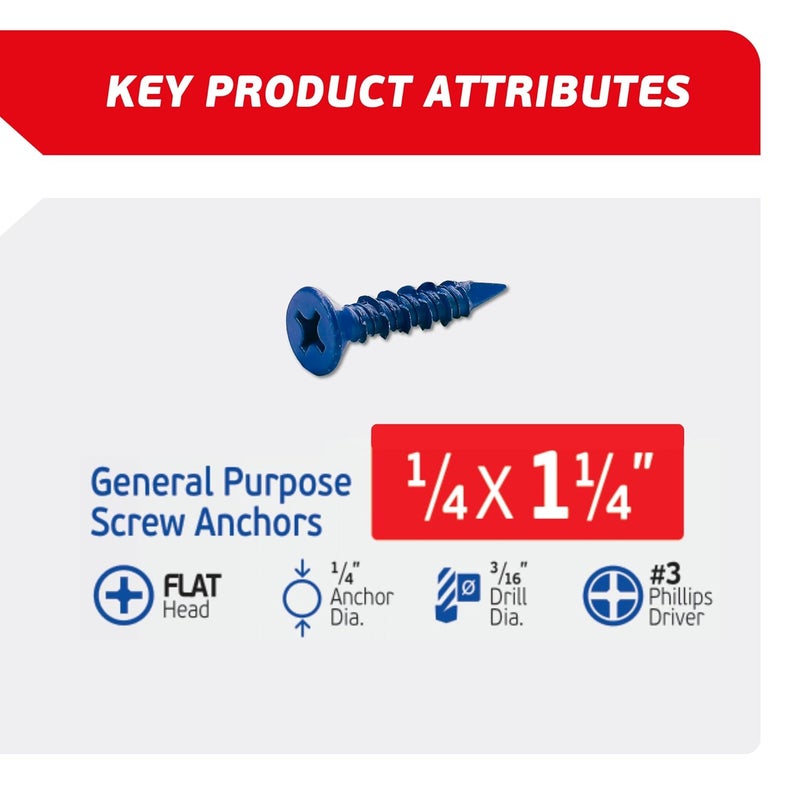 FixMaster 1/4 x 1-1/4" Countersunk Phillips Flat Head Blue Concrete Screw Anchors (100 pcs Screw Kit) with one Screwdriver and Drill Bit for Concrete, Masonry, Block, Brick and Wood Fastening - Image 2
